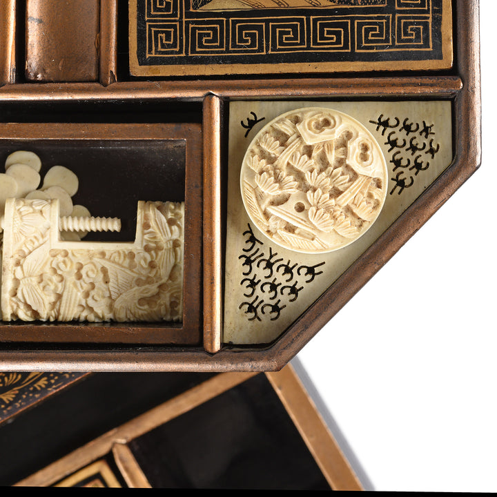 Contents Detail From Antique Chinoiserie Export Black Lacquer Sewing Box | Indigo Antiques