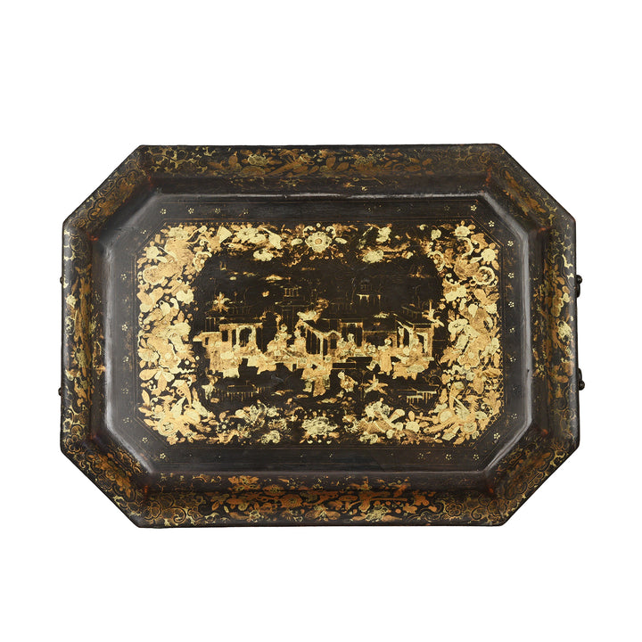 Top Down View Of Antique Chinoiserie Export Black Lacquer Sewing Box | Indigo Antiques