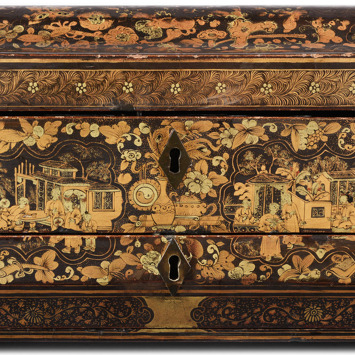 Detail From Antique Chinoiserie Export Black Lacquer Sewing Box | Indigo Antiques