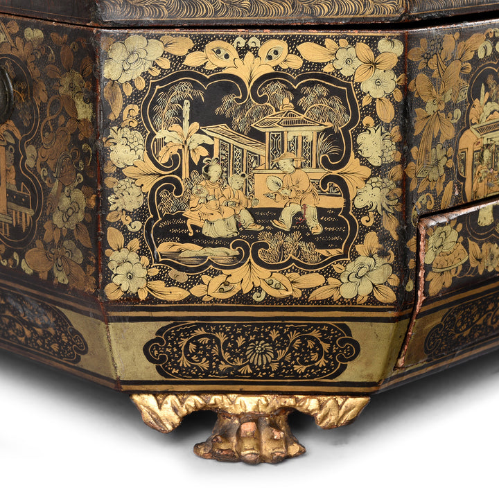 Foot Detail From Antique Chinoiserie Export Black Lacquer Sewing Box | Indigo Antiques