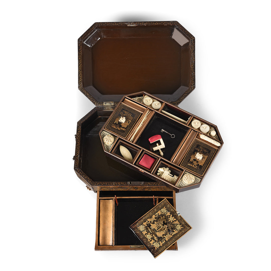 Interior Of Antique Chinoiserie Export Black Lacquer Sewing Box | Indigo Antiques