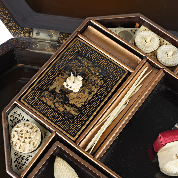 Detail From Interior Of Antique Chinoiserie Export Black Lacquer Sewing Box | Indigo Antiques