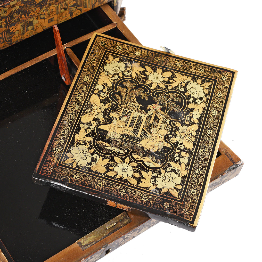 Detail From Antique Chinoiserie Export Black Lacquer Sewing Box | Indigo Antiques