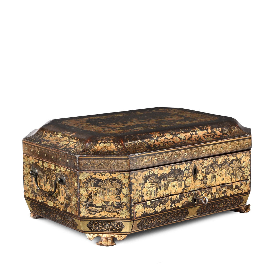Angled View Of Antique Chinoiserie Export Black Lacquer Sewing Box | Indigo Antiques