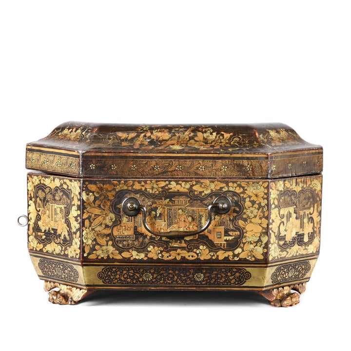 Side View Of Antique Chinoiserie Export Black Lacquer Sewing Box | Indigo Antiques