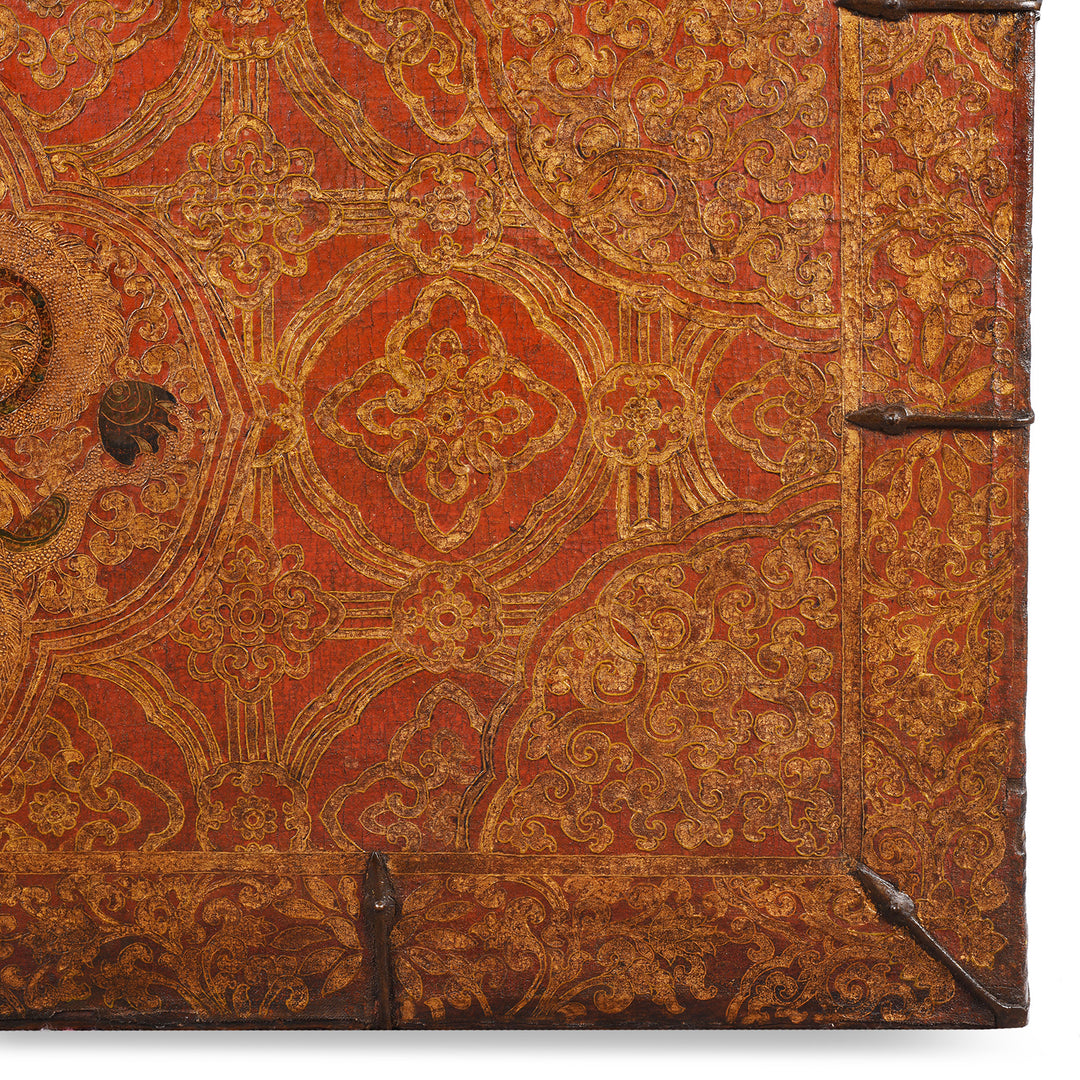 Bottom Corner And Pattern Detail From  Antique Painted Tibetan 'Dragon' Storage Chest | Indigo Antiques