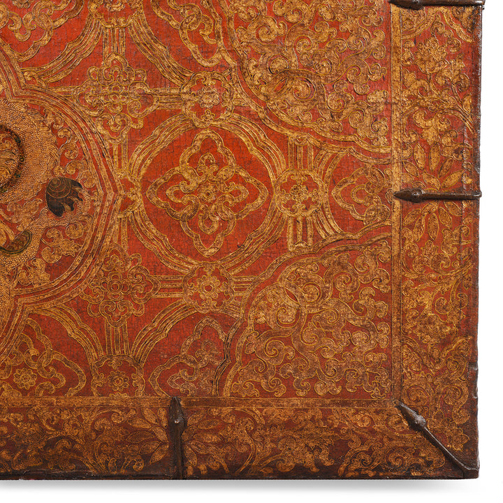 Bottom Corner And Pattern Detail From  Antique Painted Tibetan 'Dragon' Storage Chest | Indigo Antiques