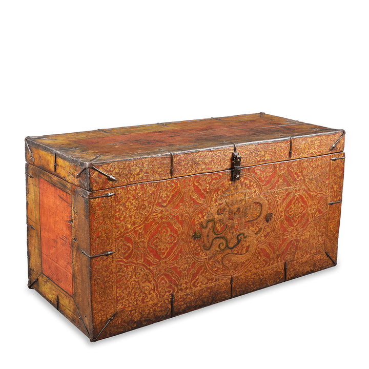 Angled View Of Antique Painted Tibetan 'Dragon' Storage Chest | Indigo Antiques