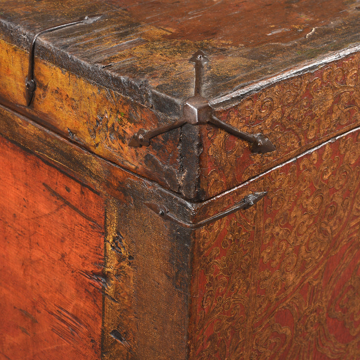 Corner And Fitting Detail From Antique Painted Tibetan 'Dragon' Storage Chest | Indigo Antiques