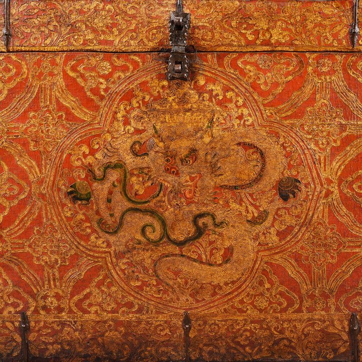 Dragon Detail From Antique Painted Tibetan 'Dragon' Storage Chest | Indigo Antiques
