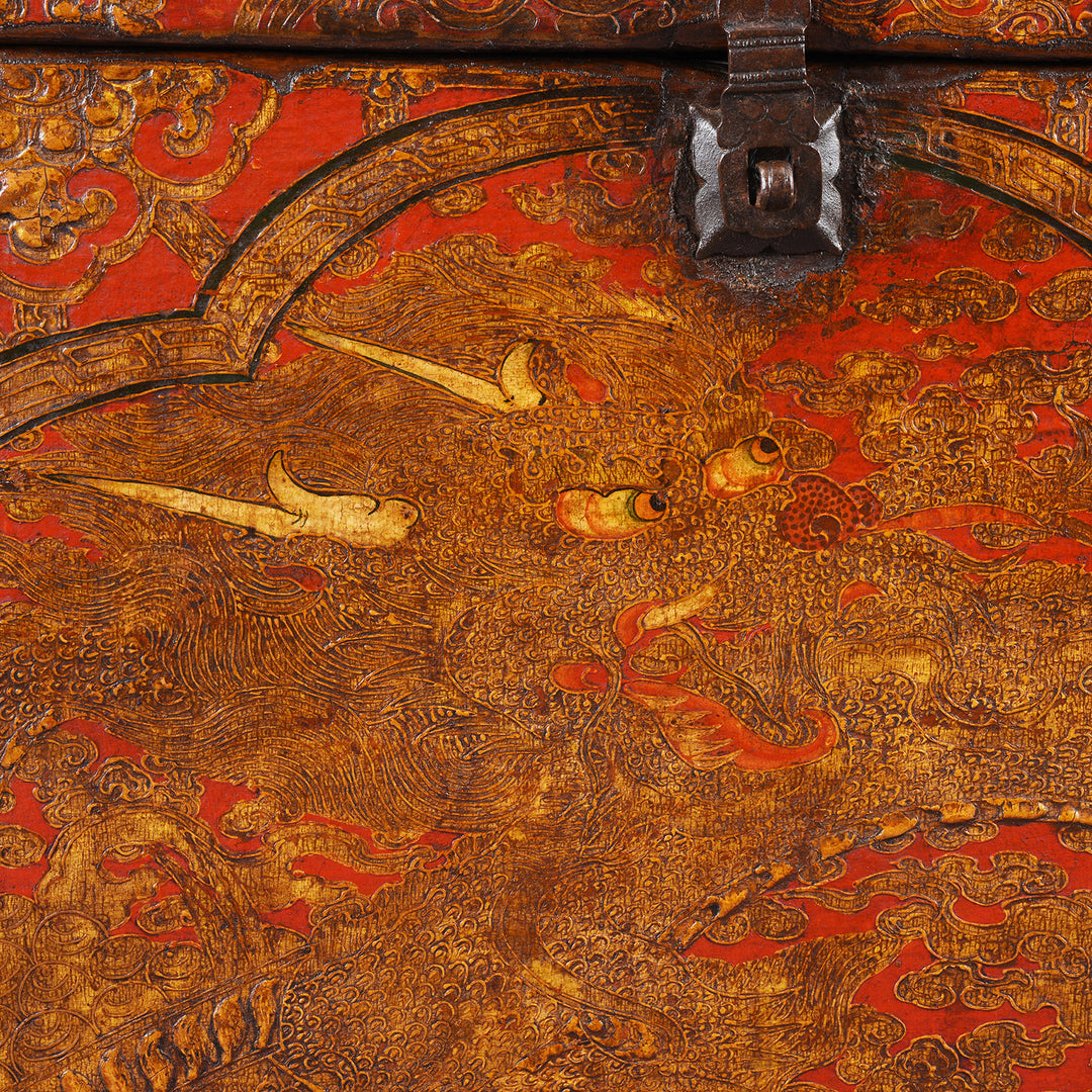 Dragon Face Detail From Antique Painted Tibetan 'Dragon' Storage Chest | Indigo Antiques