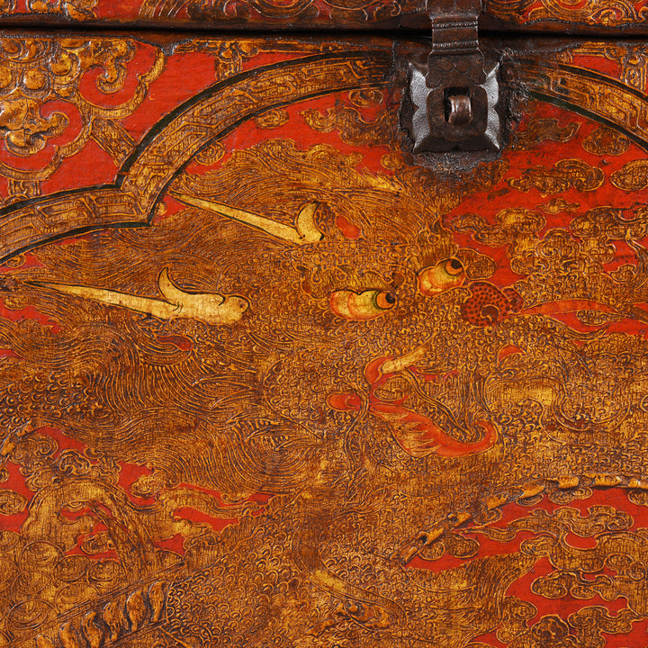 Dragon Face Detail From Antique Painted Tibetan 'Dragon' Storage Chest | Indigo Antiques
