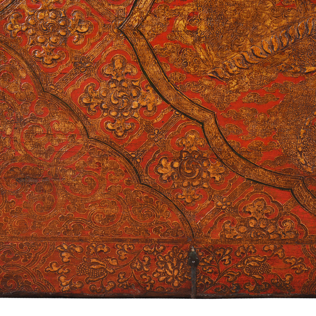 Gold Pattern Detailing From Antique Painted Tibetan 'Dragon' Storage Chest | Indigo Antiques