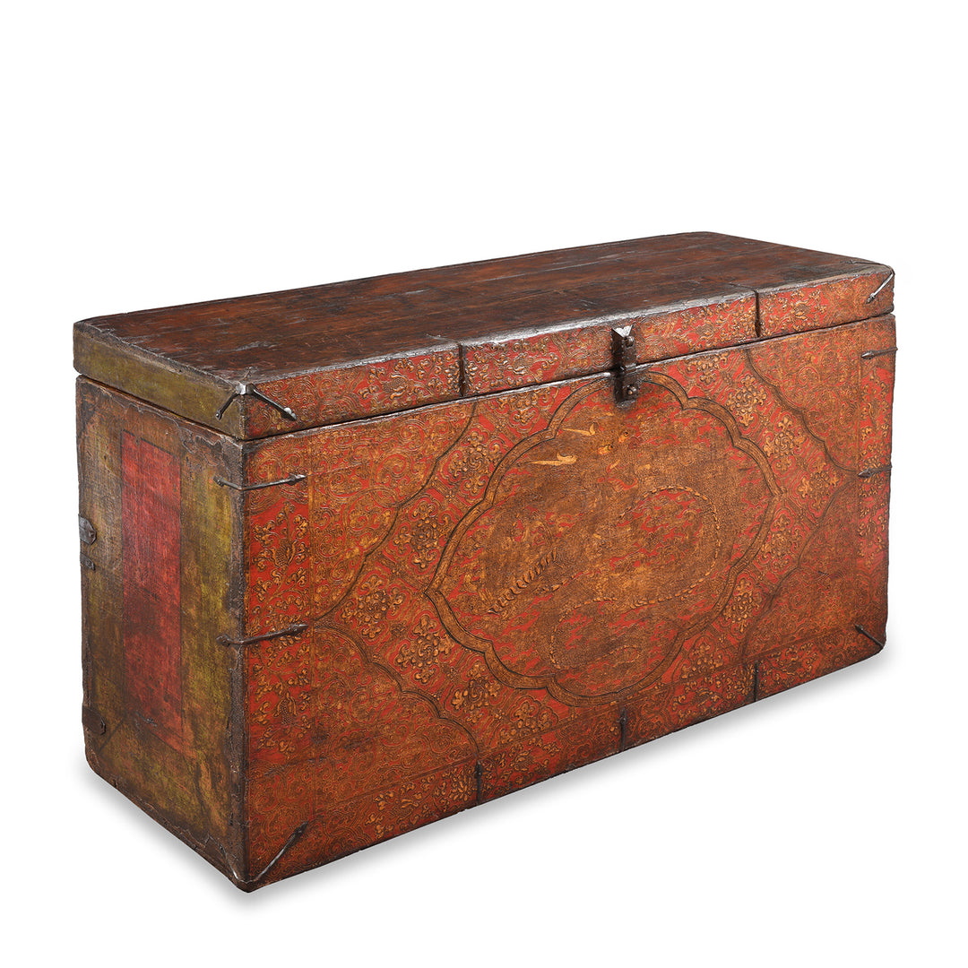 Angled View Of Antique Painted Tibetan 'Dragon' Storage Chest | Indigo Antiques
