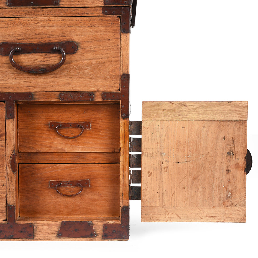 Corner Detail From Japanese Ryobirake Kasane Dansu From Kanto | Indigo Antiques