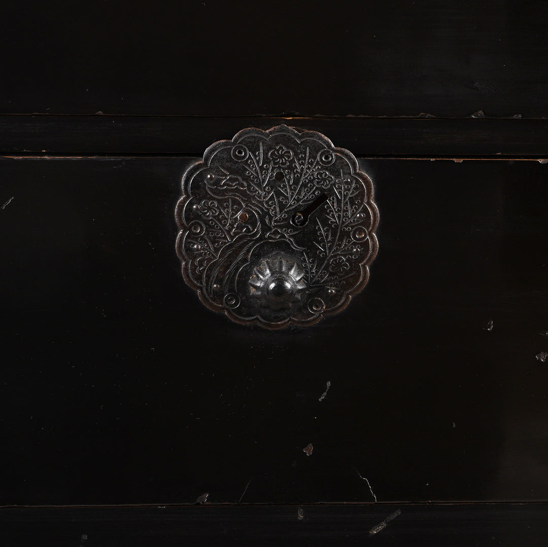 Ironwork Detail From Antique Black Lacquer Isho Kasane Dansu From Sakata | Indigo Antiques