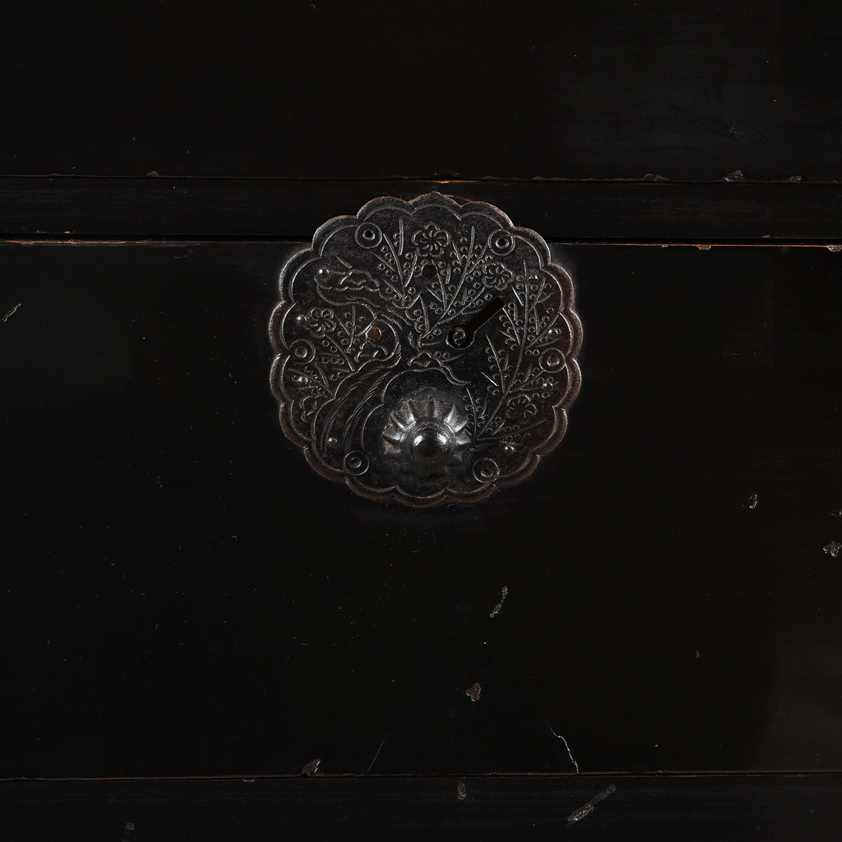 Ironwork Detail From Antique Black Lacquer Isho Kasane Dansu From Sakata | Indigo Antiques