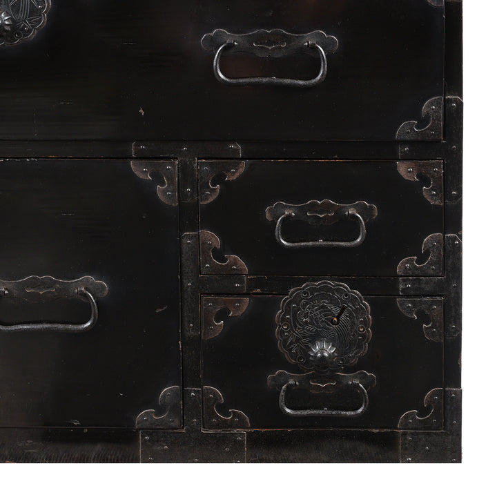 Bottom Corner Detail From Antique Black Lacquer Isho Kasane Dansu From Sakata | Indigo Antiques