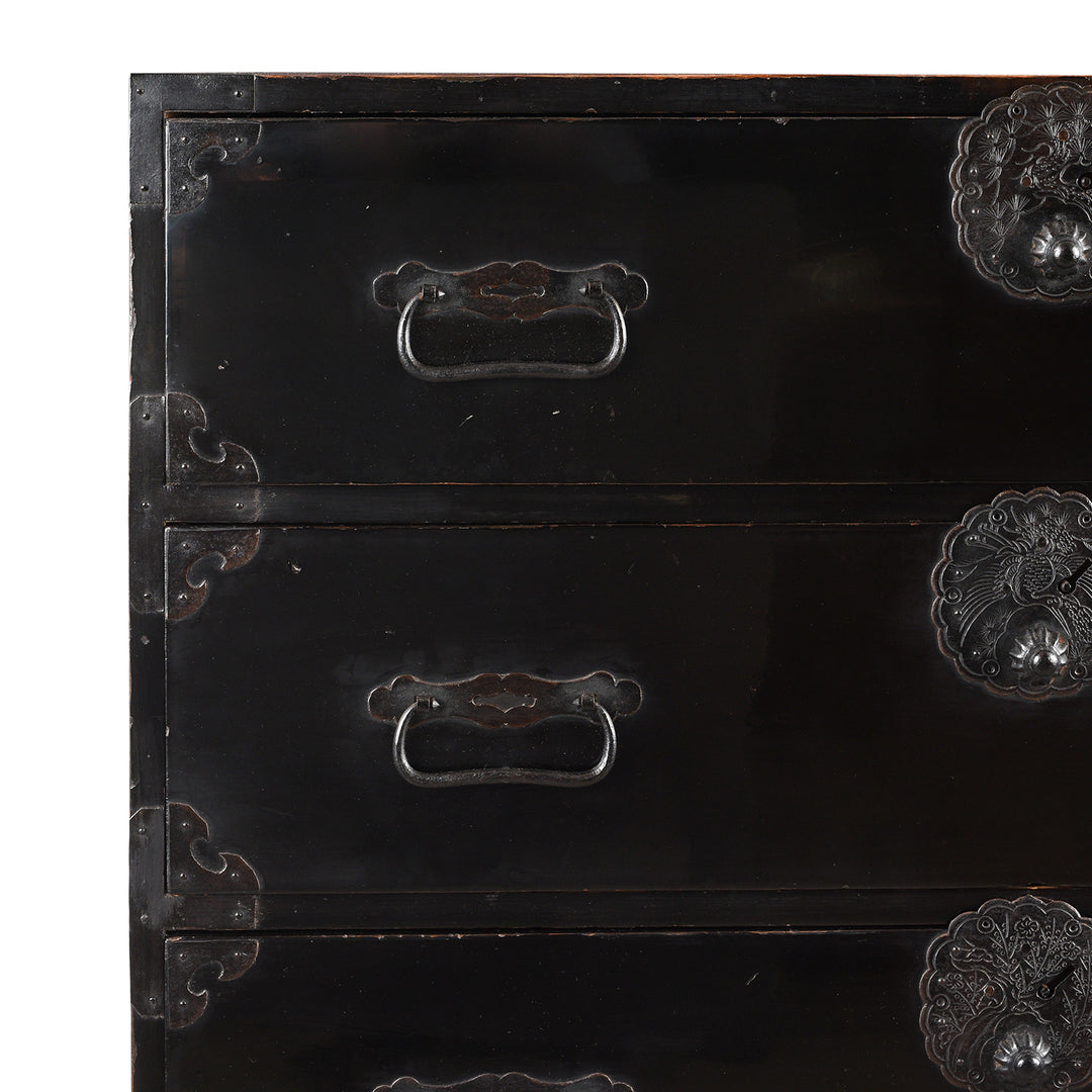 Corner Detail From Antique Black Lacquer Isho Kasane Dansu From Sakata | Indigo Antiques