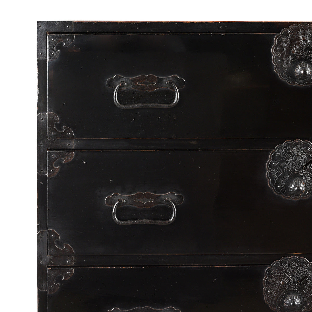 Corner Detail From Antique Black Lacquer Isho Kasane Dansu From Sakata | Indigo Antiques