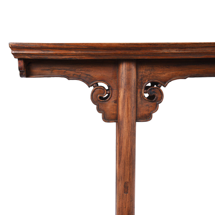 Corner Detail From Antique Chinese Red Elm Altar Table From Jiangsu - 19th Century | Indigo Antiques