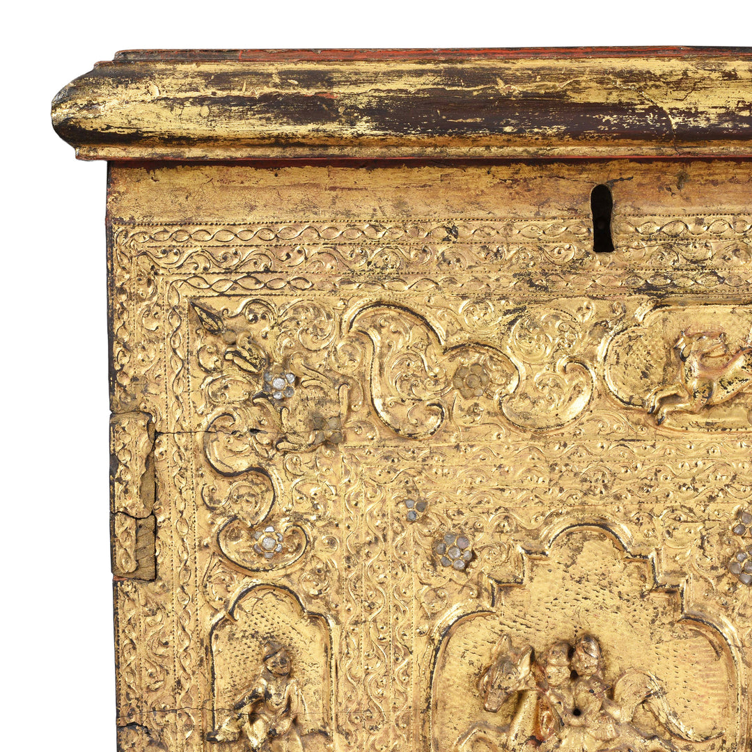 Corner Detail From Antique Gilt Burmese Teak Manuscript Chest | Indigo Antiques