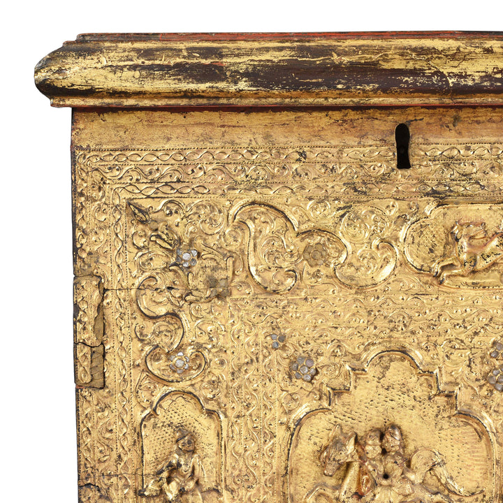 Corner Detail From Antique Gilt Burmese Teak Manuscript Chest | Indigo Antiques
