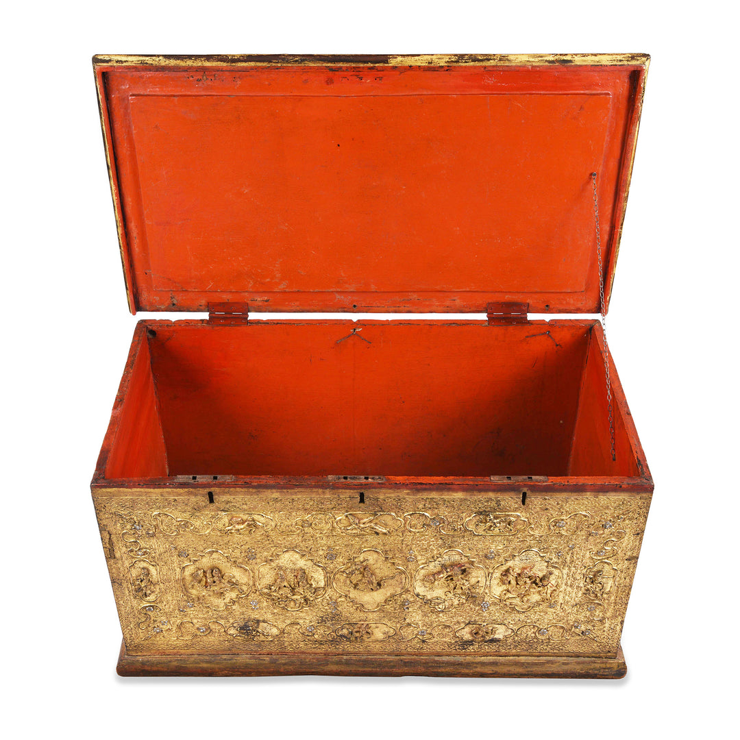 Interior Of Antique Gilt Burmese Teak Manuscript Chest | Indigo Antiques