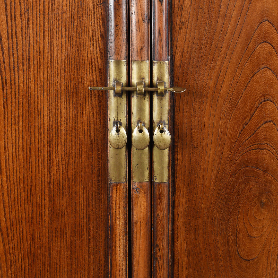 Central Latch Detail From Antique Chinese Red Elm Tapered Cabinet | Indigo Antiques