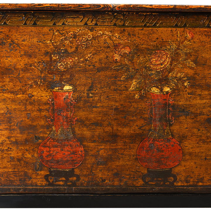 Vase Paintwork Detail From Antique Mongolian Chest With Original Paint On New Stand | Indigo Antiques
