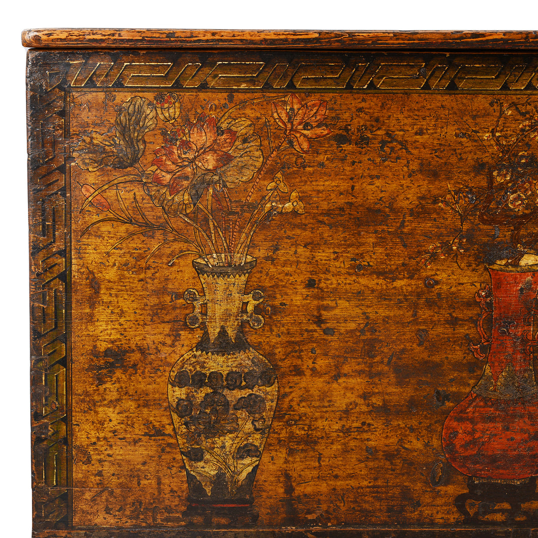 Corner Detail Displaying Paintowrk From Antique Mongolian Chest With Original Paint On New Stand | Indigo Antiques
