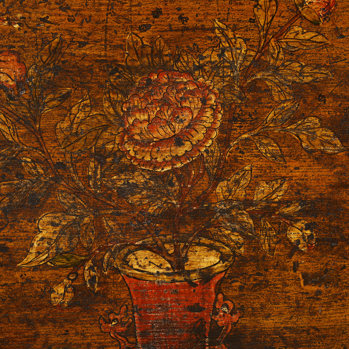 Floral Paintwork Detail From Antique Mongolian Chest With Original Paint On New Stand | Indigo Antiques
