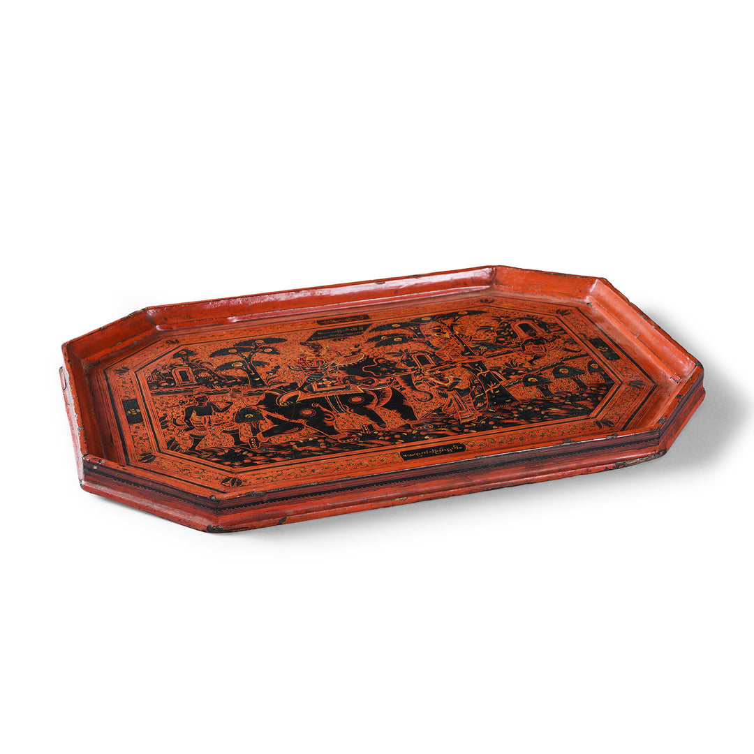 Depth Detail From 19th Century Burmese Lacquer Tray With Elephant And Rider Scene