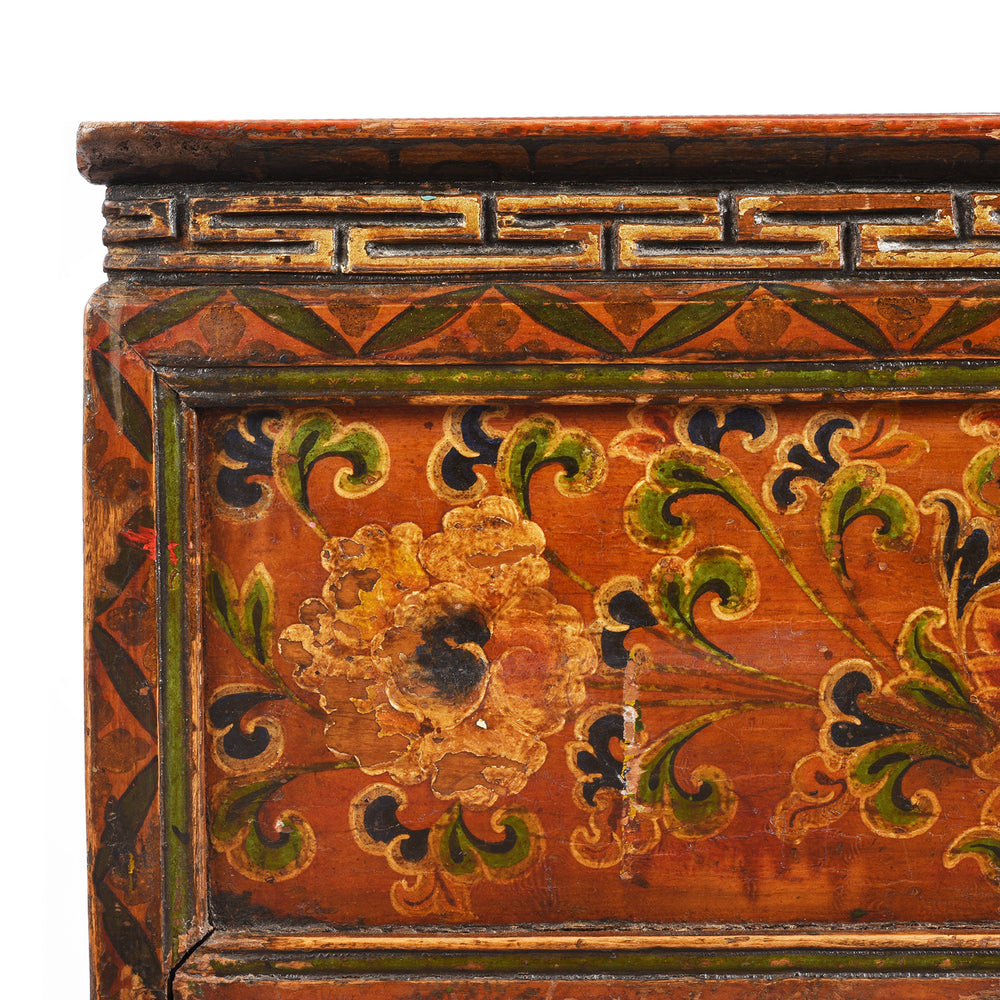 Corner Detail Showing Floral Designs From Antique Painted Choksar Prayer Table from Tibet | Indigo Antiques