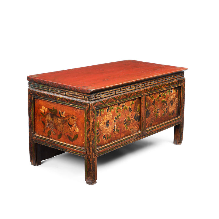 Angled View Of Antique Painted Choksar Prayer Table from Tibet | Indigo Antiques