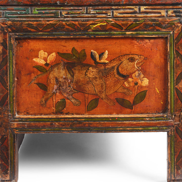 Fish Otter Detail From Antique Painted Choksar Prayer Table from Tibet | Indigo Antiques