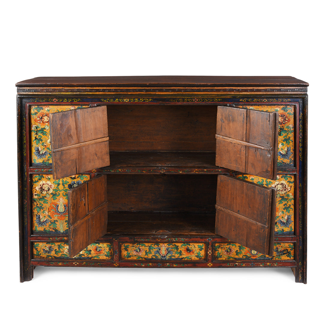 Open Doors View Of Antique Painted Tibetan Cabinet With Original Paint | Indigo Antiques
