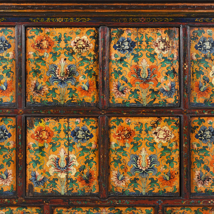 Central Panel Paintwork Detail From Antique Painted Tibetan Cabinet With Original Paint | Indigo Antiques
