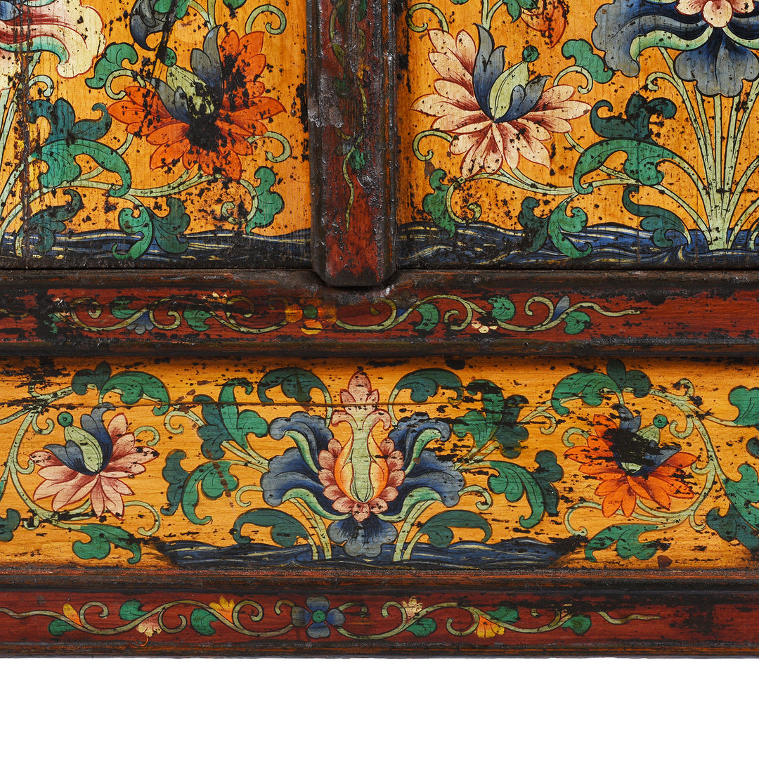 Lower Panel Paintwork Detail From Antique Painted Tibetan Cabinet With Original Paint | Indigo Antiques
