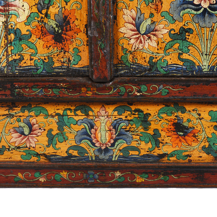 Lower Panel Paintwork Detail From Antique Painted Tibetan Cabinet With Original Paint | Indigo Antiques
