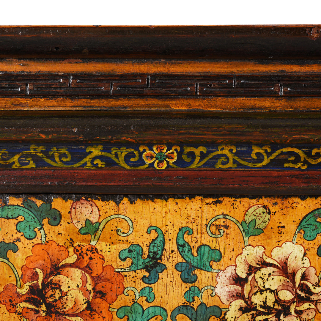 Upper Paintwork Detail From Antique Painted Tibetan Cabinet With Original Paint | Indigo Antiques
