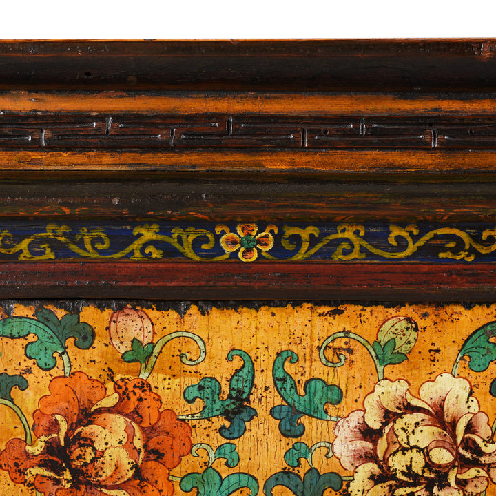 Upper Paintwork Detail From Antique Painted Tibetan Cabinet With Original Paint | Indigo Antiques

