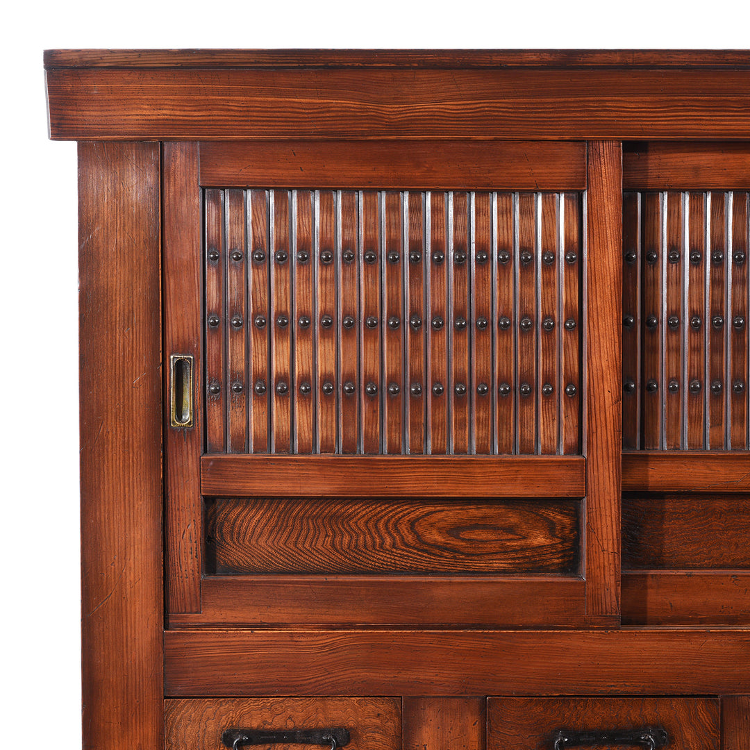Top Corner Detail Showing Sliding Door From Antique Japanese Mizuya Dansu Keyaki & Kiri | Indigo Antiques