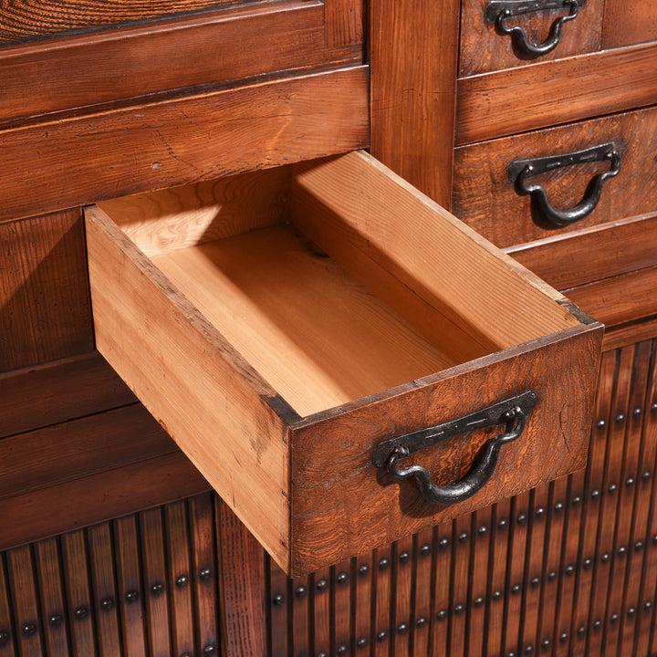 Open Drawer Detail Showing Interior Wood On Antique Japanese Mizuya Dansu Keyaki & Kiri | Indigo Antiques