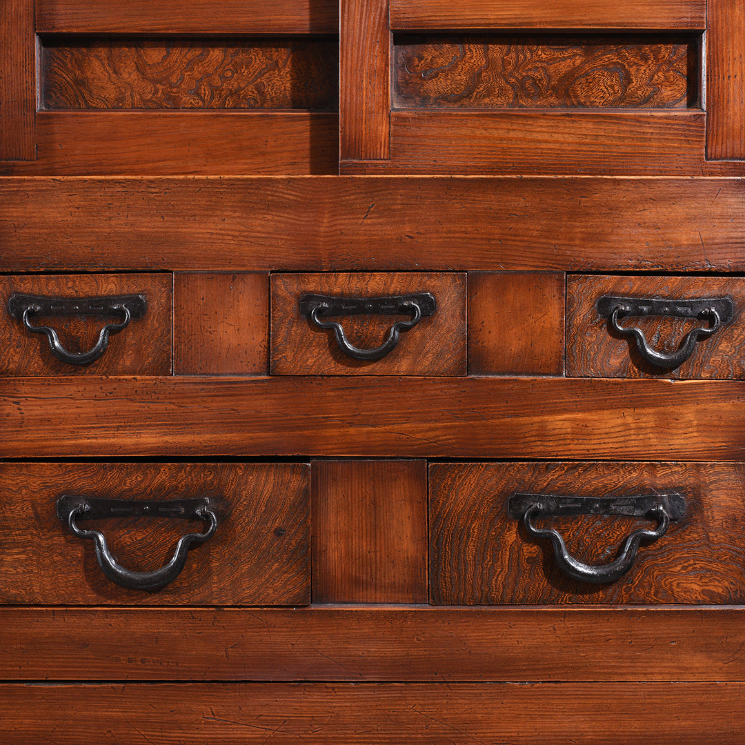 Cosed Drawers Showing Ironwork And Wood Grain From Antique Japanese Mizuya Dansu Keyaki & Kiri | Indigo Antiques