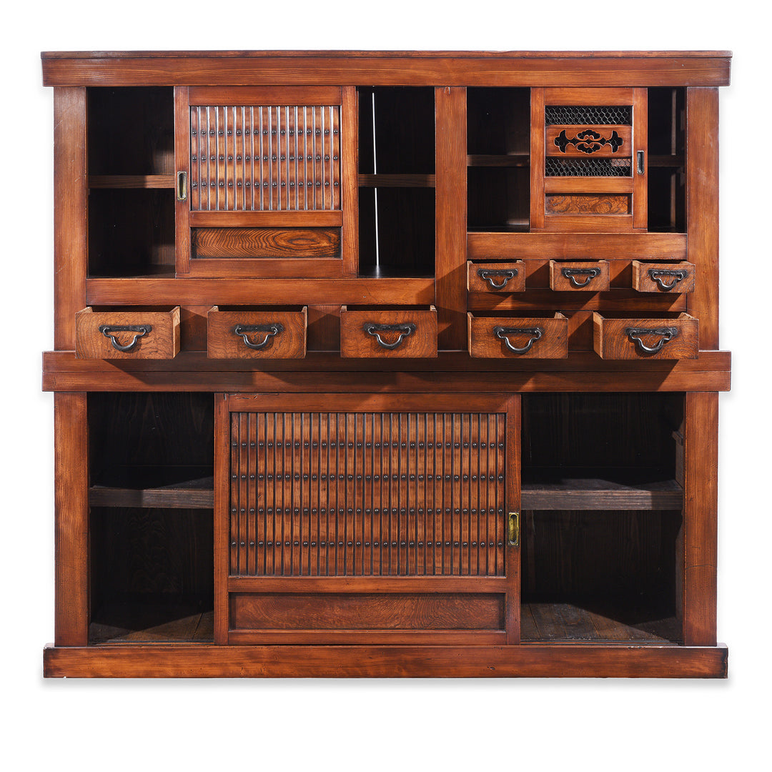 View Of All Doors And Drawers Open On Antique Japanese Mizuya Dansu Keyaki & Kiri | Indigo Antiques
