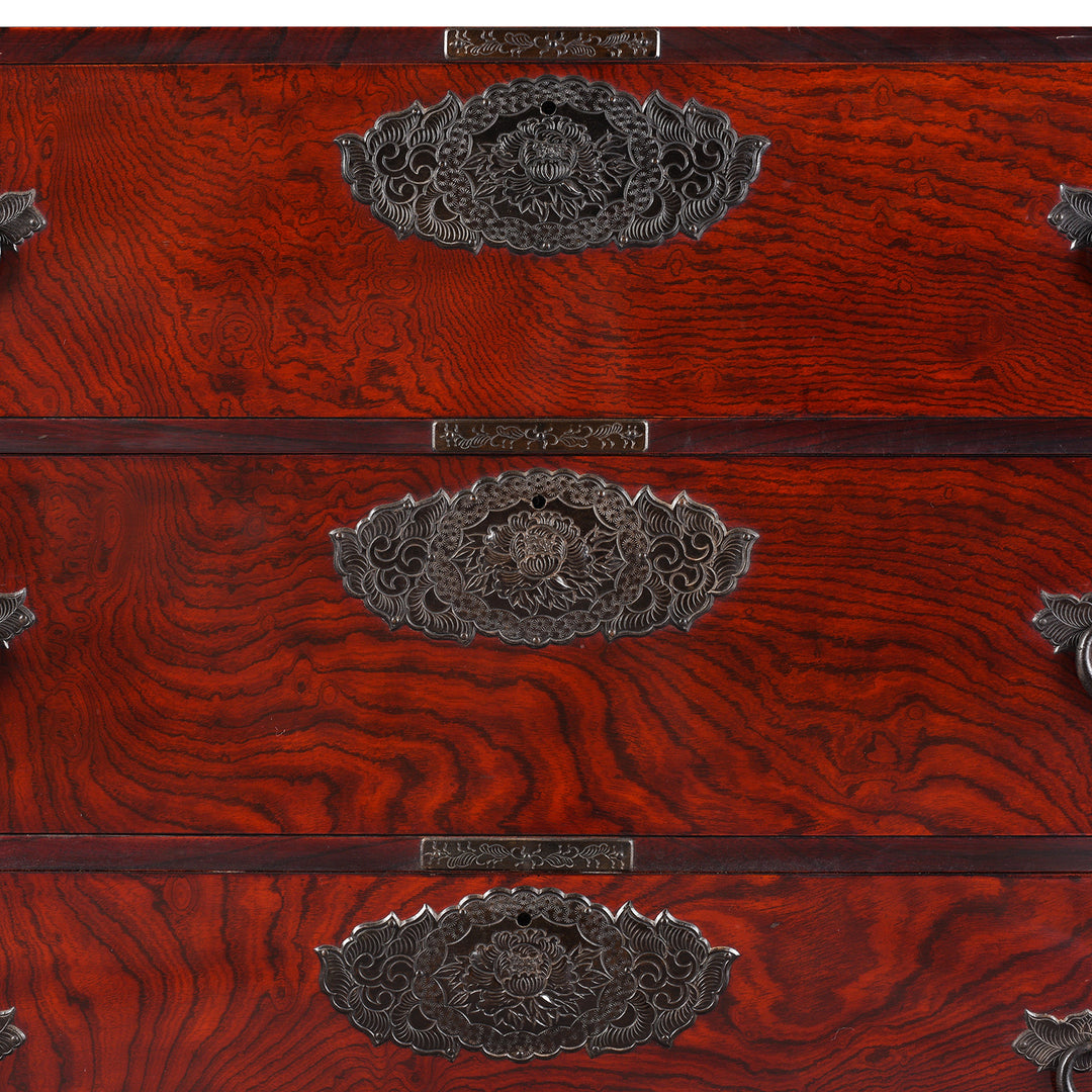Iron Sendai style chrysanthemum hardware and red elm veneer grain from a Japanese Tansu Chest - Showa Era | Indigo Antiques

