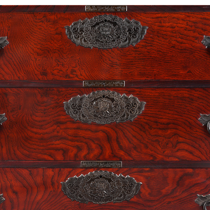 Iron Sendai style chrysanthemum hardware and red elm veneer grain from a Japanese Tansu Chest - Showa Era | Indigo Antiques

