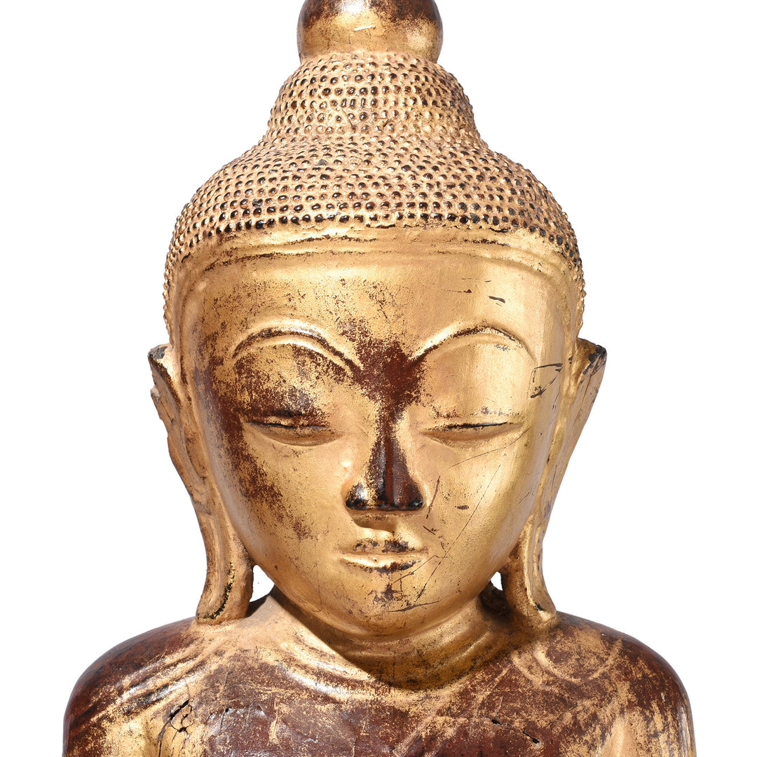 Face Detail From Antique Gilt Wood Burmese Shan Buddha Statue | Indigo Antiques