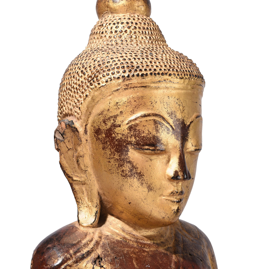 Angled Face Detail From Antique Gilt Wood Burmese Shan Buddha Statue | Indigo Antiques